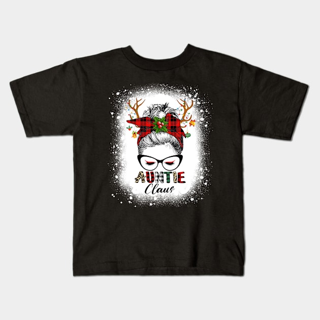 Reindeer Messy Bun Auntie Claus Christmas Bleached Kids T-Shirt by Magazine